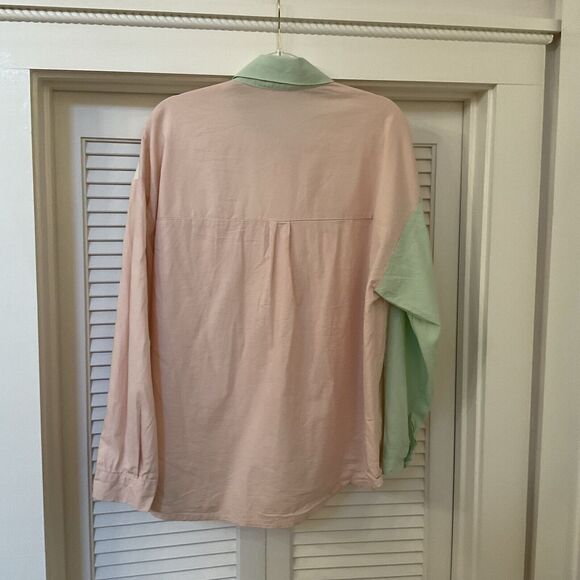 Storets Womens Color Block Long Sleeve Button-Up Blouse Green Pink, S/M - Picture 8 of 11